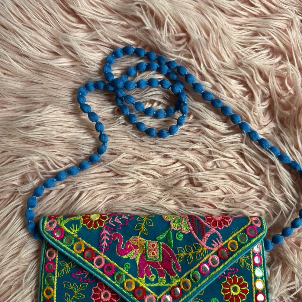 Blue Embroidered Flap Clutch with Pom Pom Cross Bodysuit Strap - Picture 3 of 7